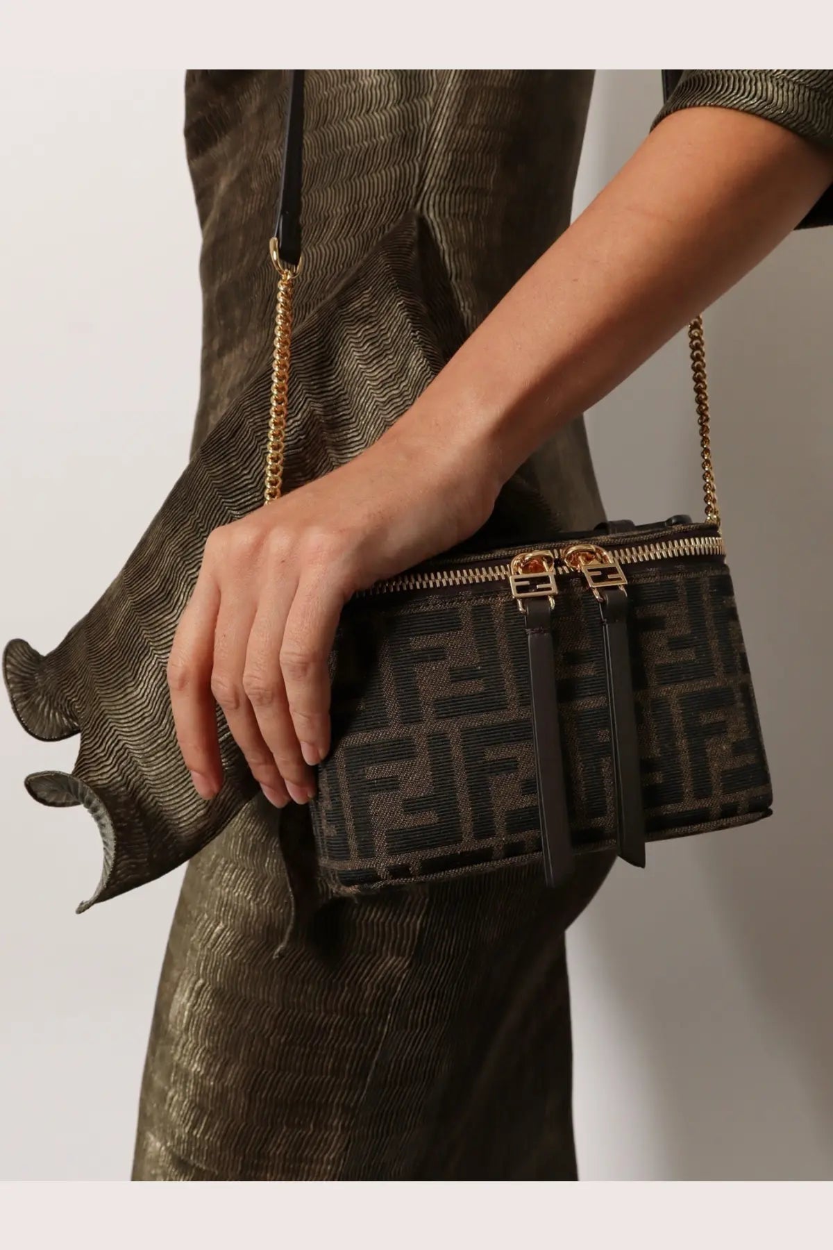 Fendi women’s vanity crossbody bag in black ff jacquard fabric with gold-tone hardware and monogram pattern