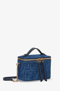 Fendi women’s vanity ff fabric crossbody bag in blue with textured fabric body gold hardware and black leather handles