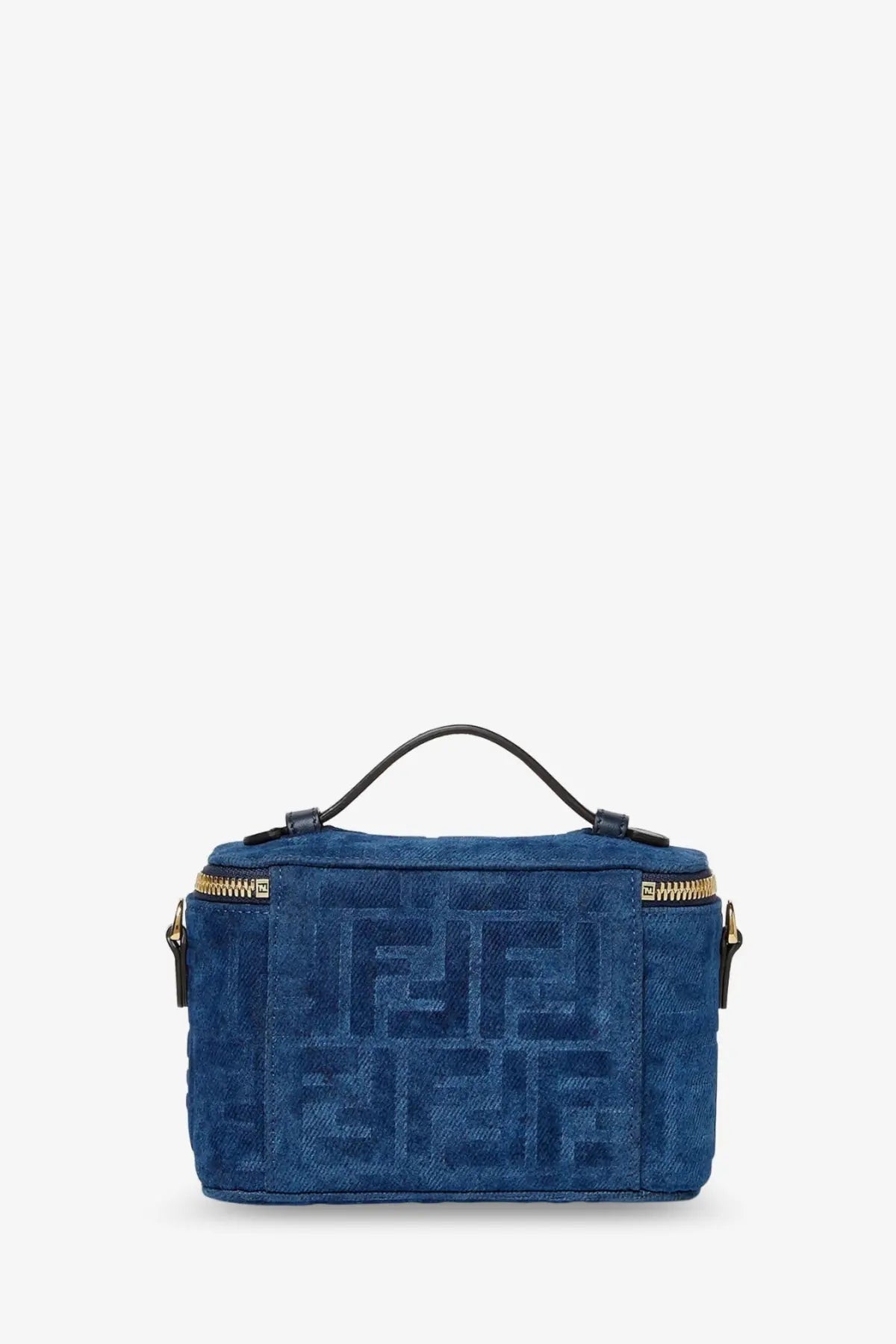 Blue Fendi women’s vanity FF fabric crossbody bag with textured fabric and gold tone hardware in grey