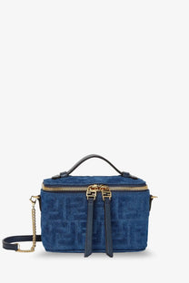 Fendi women’s vanity crossbody bag in grey fabric with blue suede, black leather accents, and gold-tone hardware
