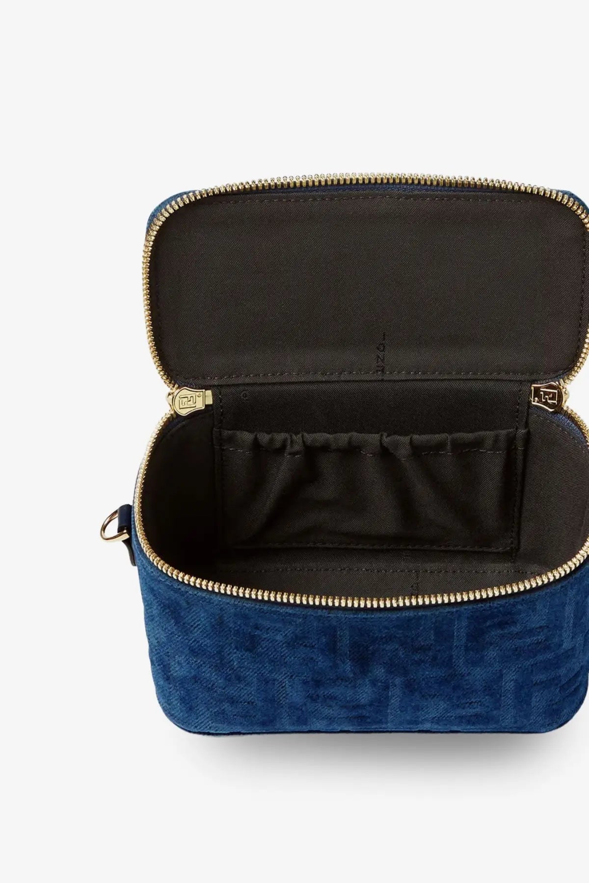 Blue velvet fendi women’s vanity crossbody bag with gold-tone zipper and hardware in grey fabric