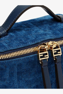 Deep blue quilted velvet handbag with gold-tone fendi f-logo zipper pulls and black leather handles