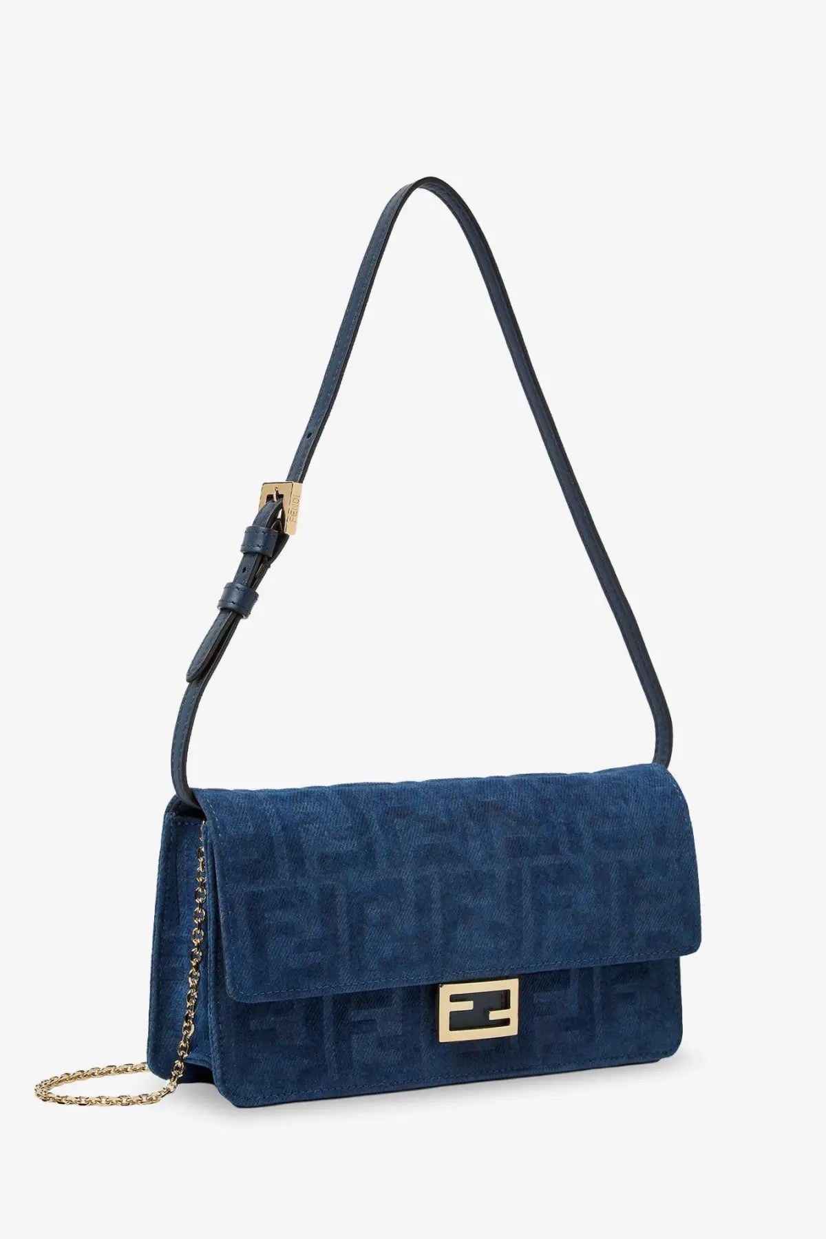 Deep blue suede fendi wallet on chain baguette shoulder bag with ff logo pattern and gold tone hardware in denim effect