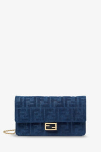 Fendi women’s wallet on chain baguette shoulder bag in deep blue textured denim effect ff corduroy pattern