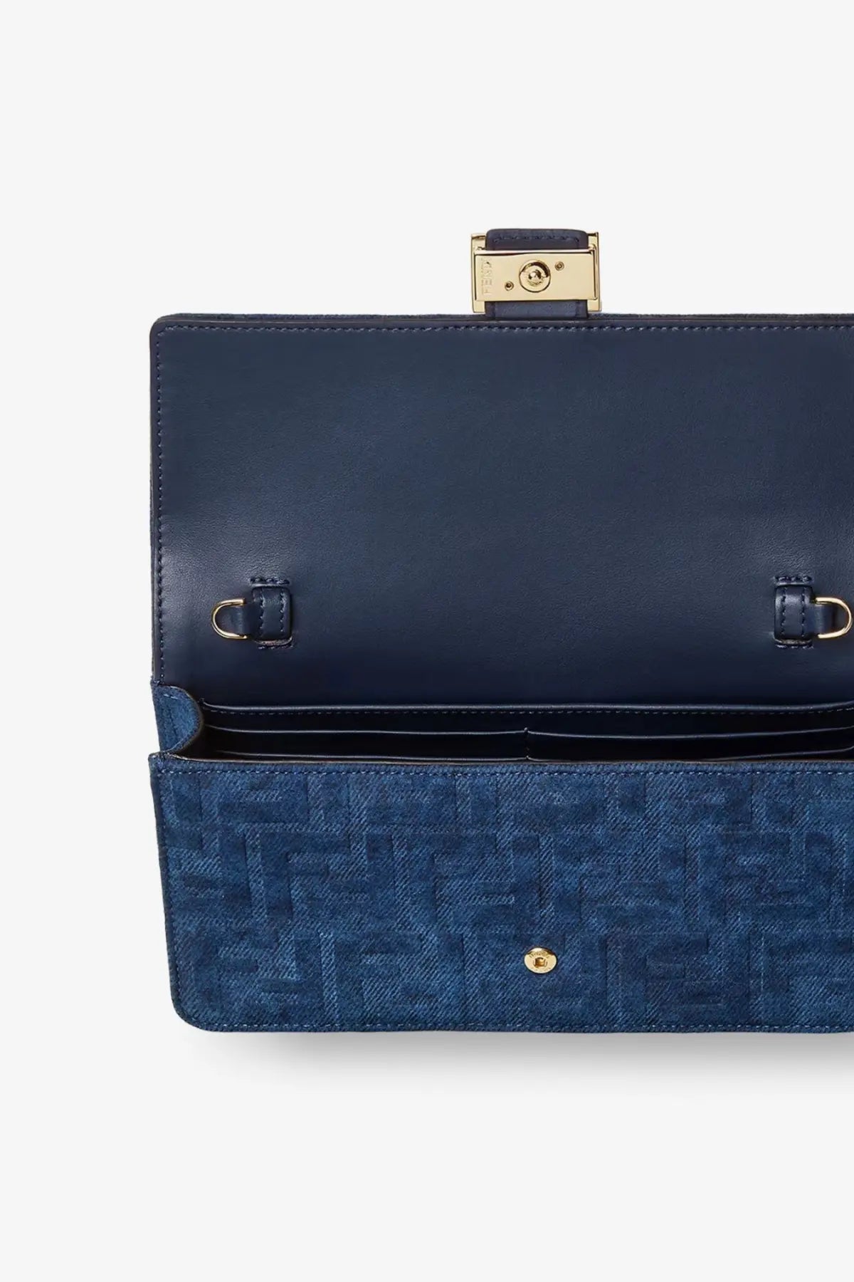 Fendi women’s navy blue leather wallet on chain baguette shoulder bag with gold hardware and logo pattern