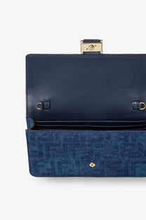 Fendi women’s navy blue leather wallet on chain baguette shoulder bag with gold hardware and logo pattern