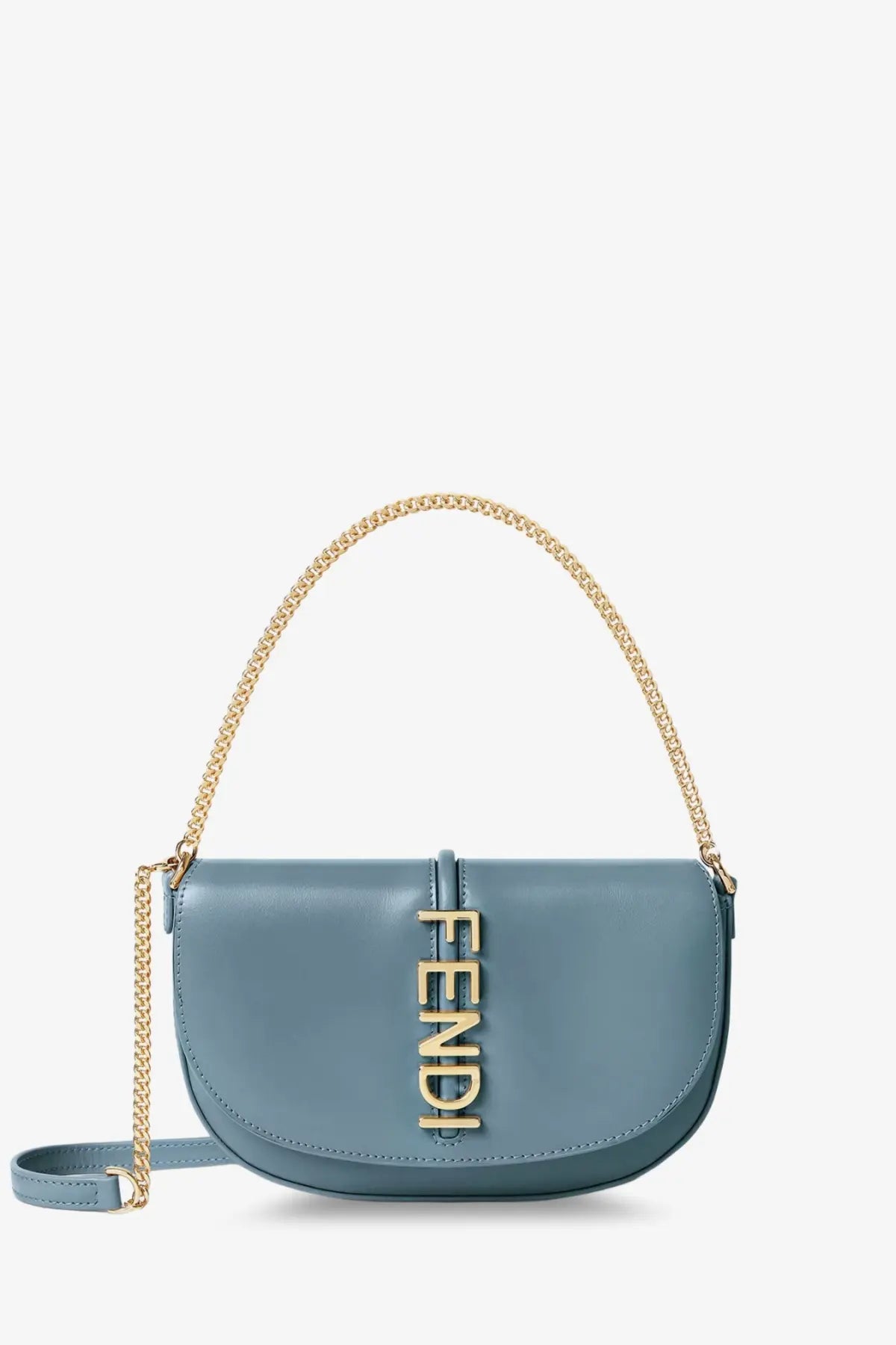 Fendi women’s wallet on chain light blue leather crossbody bag with gold chain strap and signature logo clasp