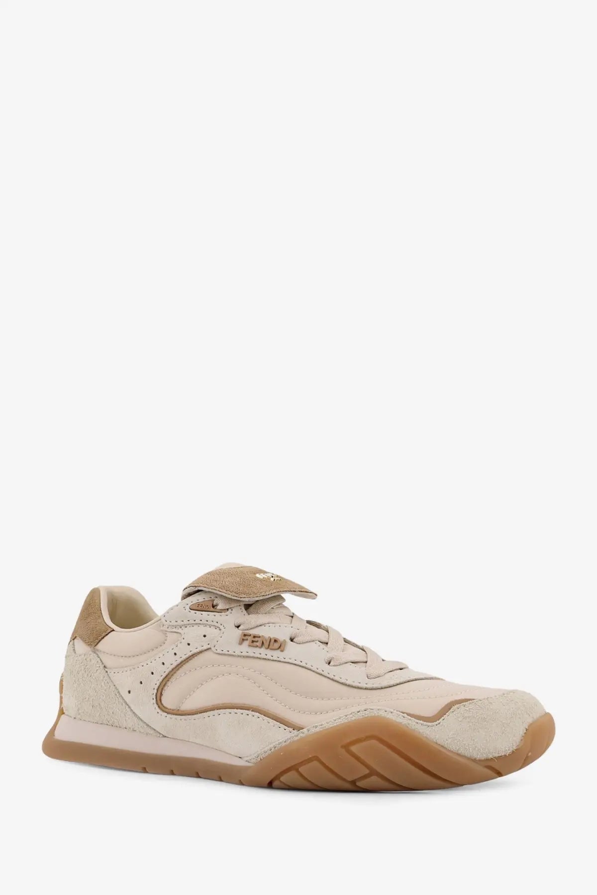 Beige fendi wave pulse suede sneaker with mesh upper tan rubber sole and subtle side branding for women