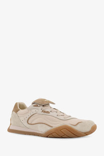 Beige fendi wave pulse suede sneaker with mesh upper tan rubber sole and subtle side branding for women