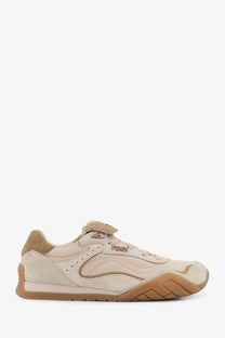 Fendi women’s Fendi Wave Pulse suede sneaker in beige with tan suede and textile upper and textured rubber sole