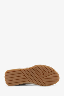 Back view of fendi women’s fendi wave pulse suede sneakers beige with tan rubber sole and geometric tread pattern