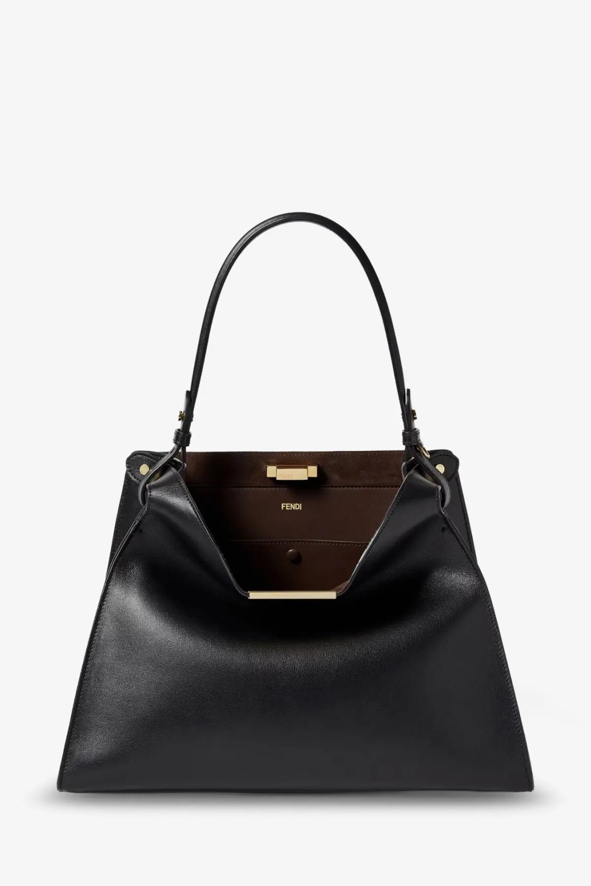 Fendi women’s way medium black leather shoulder bag with gold-tone hardware and structured minimalist design