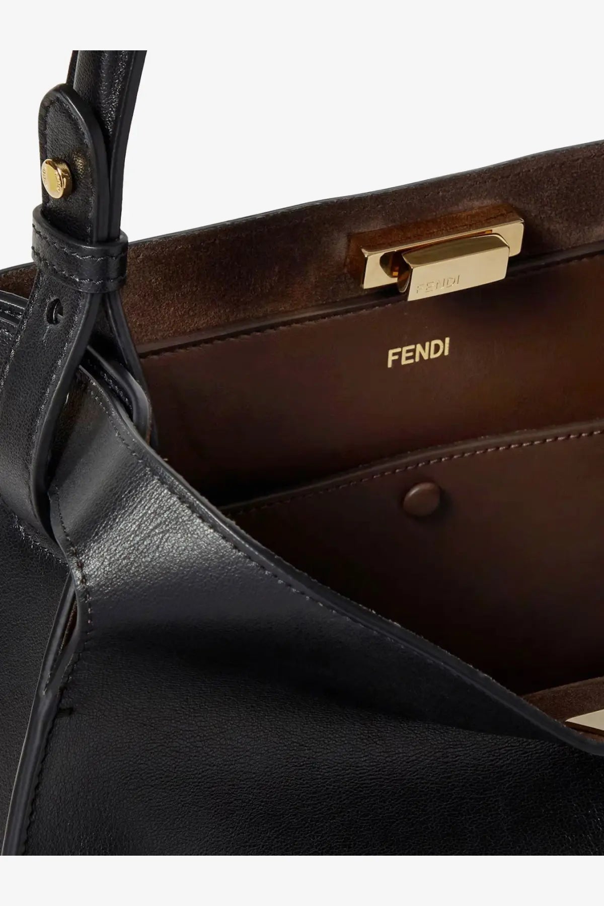 Fendi women’s way medium leather shoulder bag in black with gold-tone hardware and brown interior lining