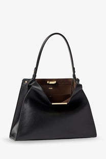 Fendi women’s way medium leather shoulder bag black with sleek leather exterior and brown interior lining