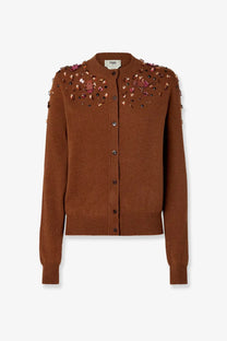 Fendi women’s brown wool and cashmere cardigan with sparkling pink and gold sequins on shoulders and front