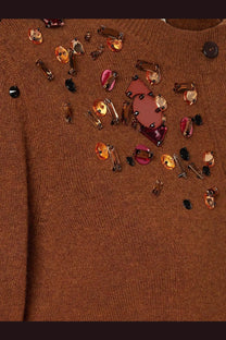 Fendi women’s brown wool and cashmere cardigan knit sweater with scattered amber pink and black sequins