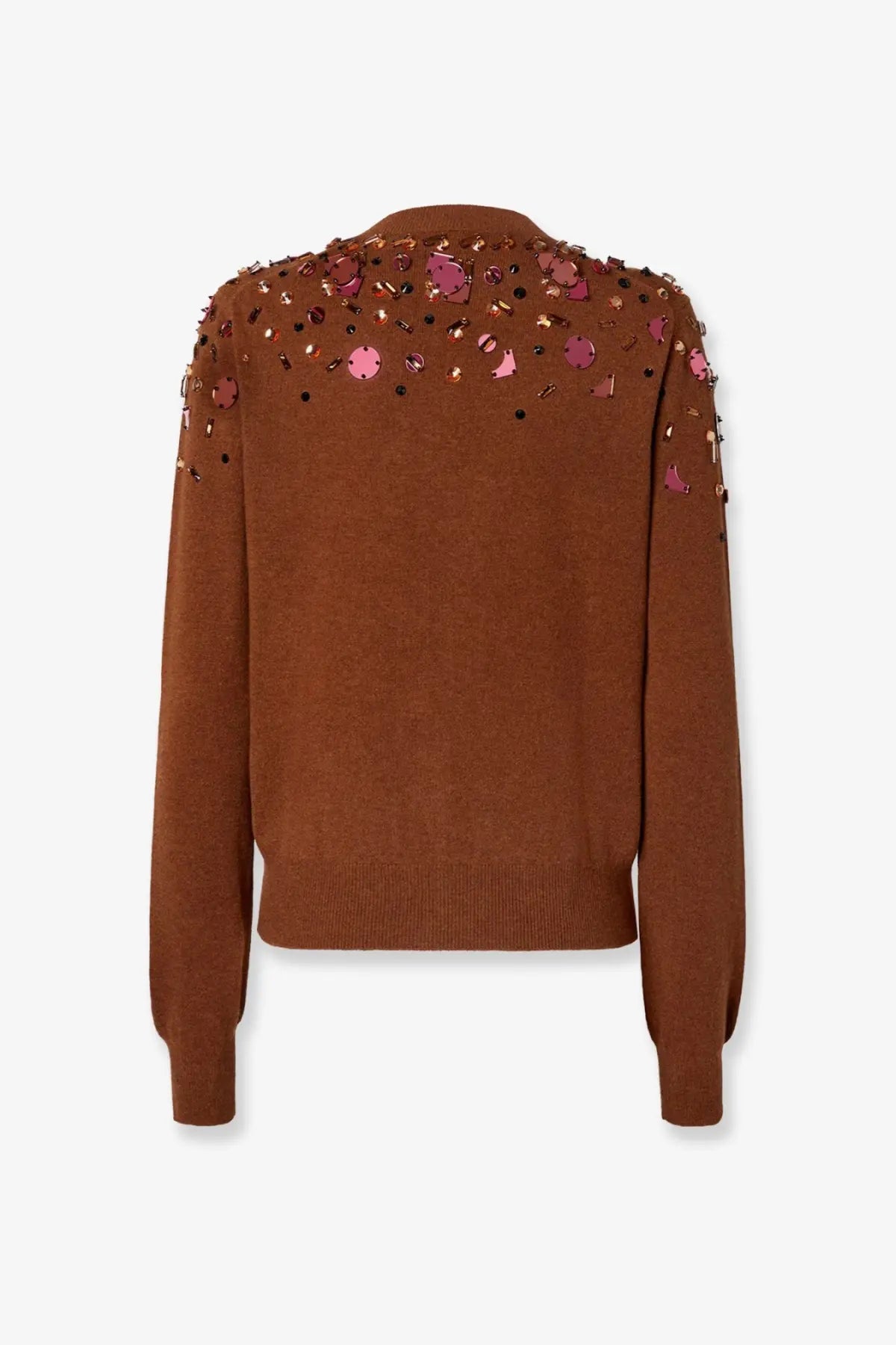 Fendi women’s brown wool and cashmere cardigan with shoulder embellishments of pink and gold sequins