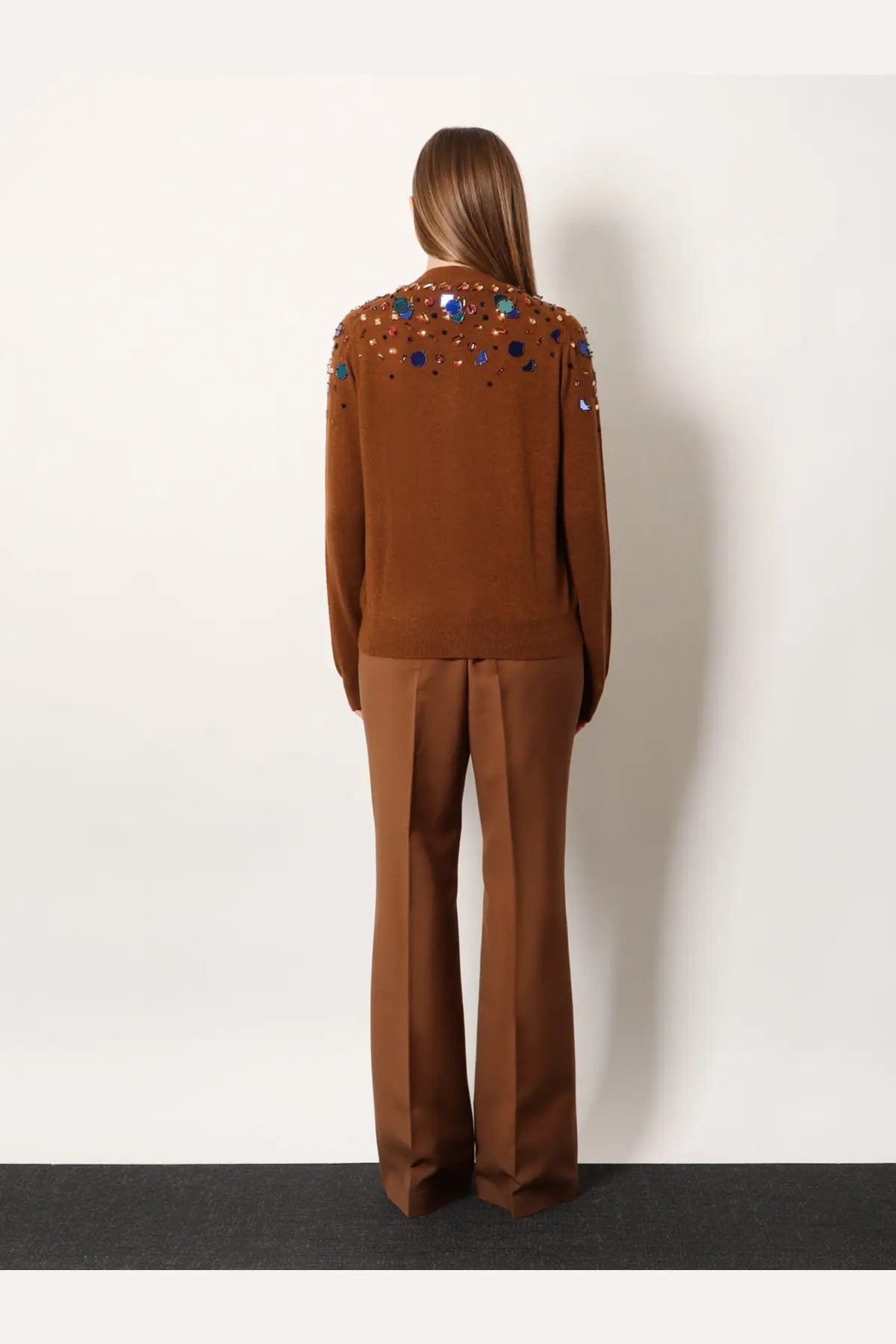 Brown sequined knit wool and cashmere cardigan with shoulder embellishments by fendi for women
