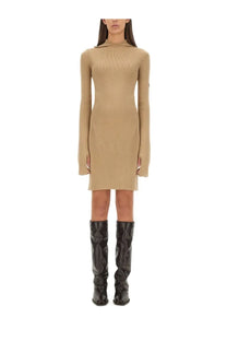 Beige ribbed knit wool and silk dress with high neckline and long sleeves by Fendi for women multicolor