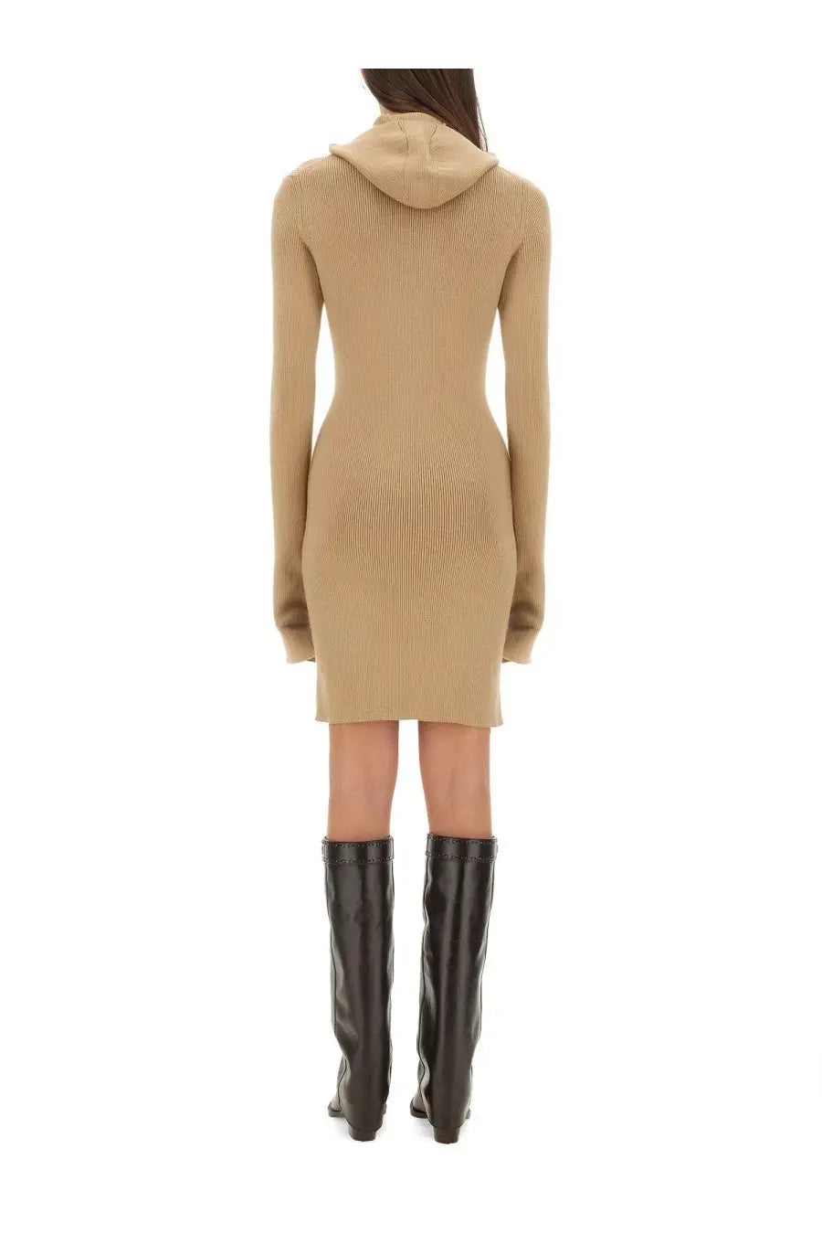 Beige ribbed knit hoodie dress with long sleeves and hood in wool and silk by fendi for women multicolor design