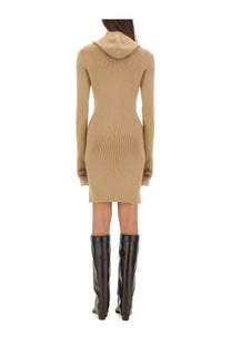 Beige ribbed knit hoodie dress with long sleeves and hood in wool and silk by fendi for women multicolor design