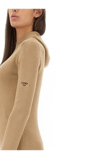 Beige ribbed knit wool and silk hoodie dress with fendi logo patch on sleeve for women multicolor design