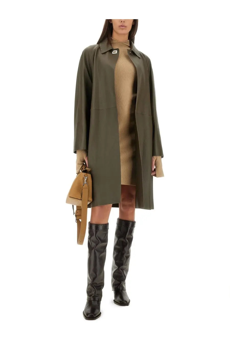 Olive green trench coat with structured collar and front pockets complementing fendi women’s wool and silk dress multicolor