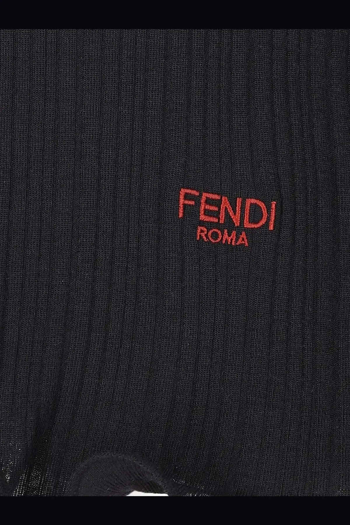 Fendi women’s black wool sweater with bold red embroidered Fendi Roma logo and ribbed knit texture