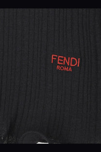 Fendi women’s black wool sweater with bold red embroidered Fendi Roma logo and ribbed knit texture