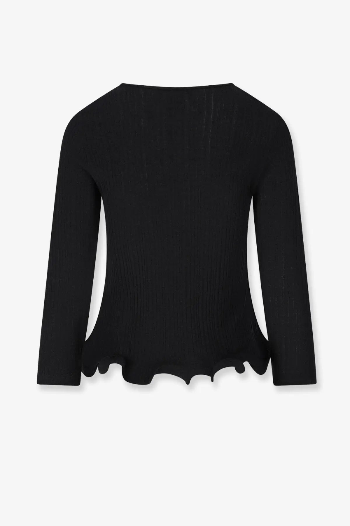 Fendi women’s black wool sweater with ribbed texture long sleeves scalloped hem and side cutouts