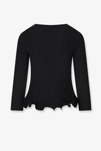 Fendi women’s black wool sweater with ribbed texture long sleeves scalloped hem and side cutouts