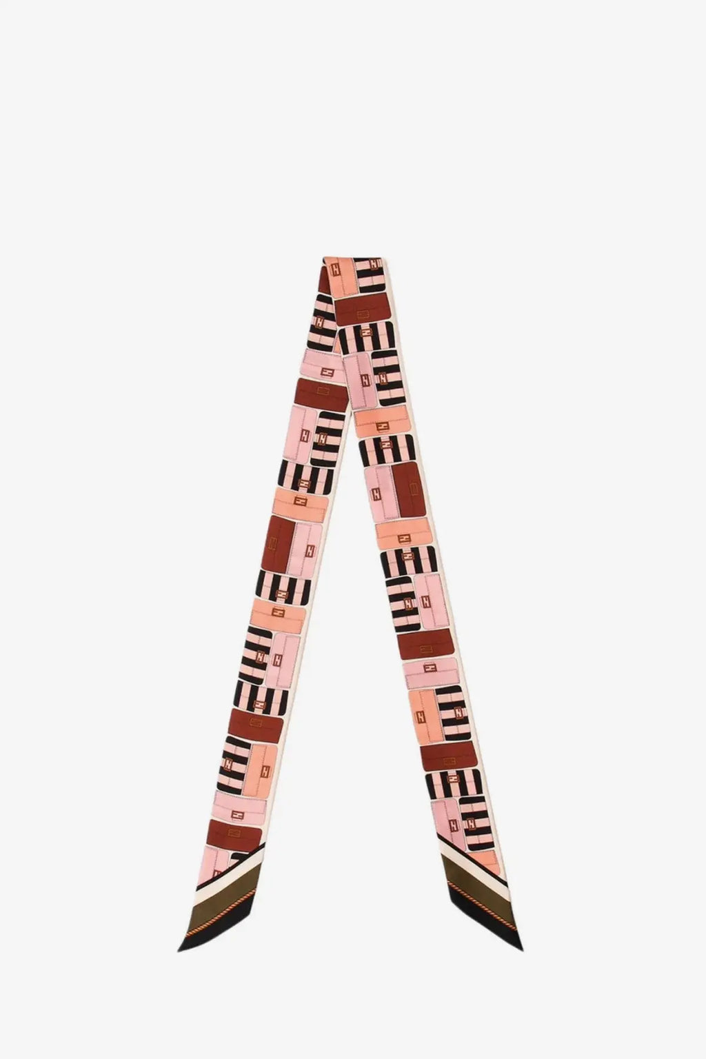 Fendi women’s wrappy multicolor silk bandeau pink patterned with rectangular boxes and dark green white trim