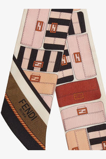 Fendi women’s wrappy multicolor silk bandeau scarf with illustrated handbags in pink rust beige and orange ff logos