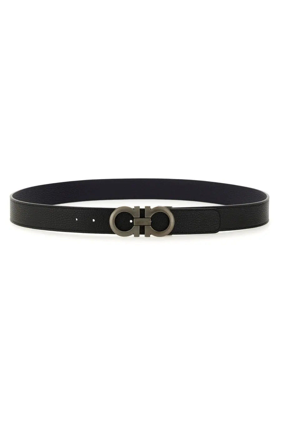 Ferragamo men’s black leather belt with a metallic silver-toned double g logo buckle