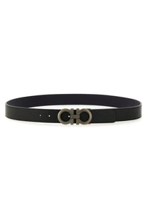 Ferragamo men’s black leather belt with a metallic silver-toned double g logo buckle