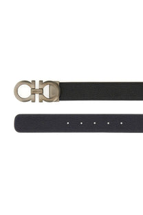 Ferragamo men’s black leather belt with silver-toned metal buckle featuring double g logo