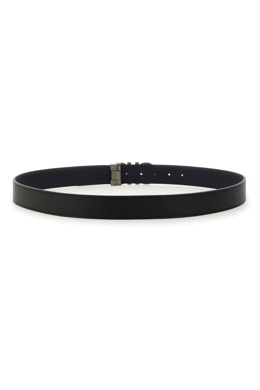 Ferragamo men’s black leather belt with sleek minimalist design and silver toned buckle