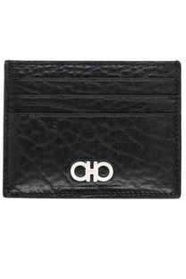Ferragamo men’s black leather card holder with silver toned metal logo on the front side