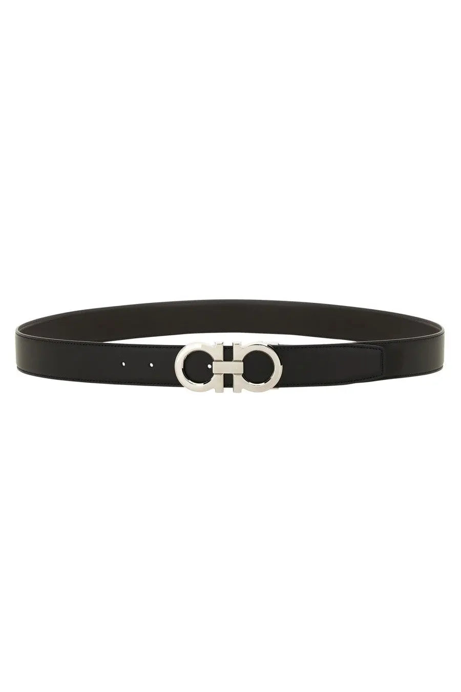 Ferragamo men’s cintura in pelle black leather belt with silver-toned double g logo buckle