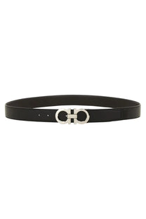 Ferragamo men’s cintura in pelle black leather belt with silver-toned double g logo buckle