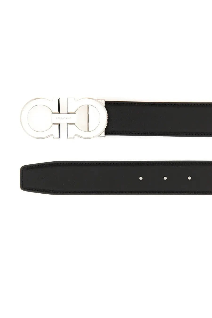 Ferragamo men’s cintura in pelle black leather belt with silver-toned gancini buckle visible front side