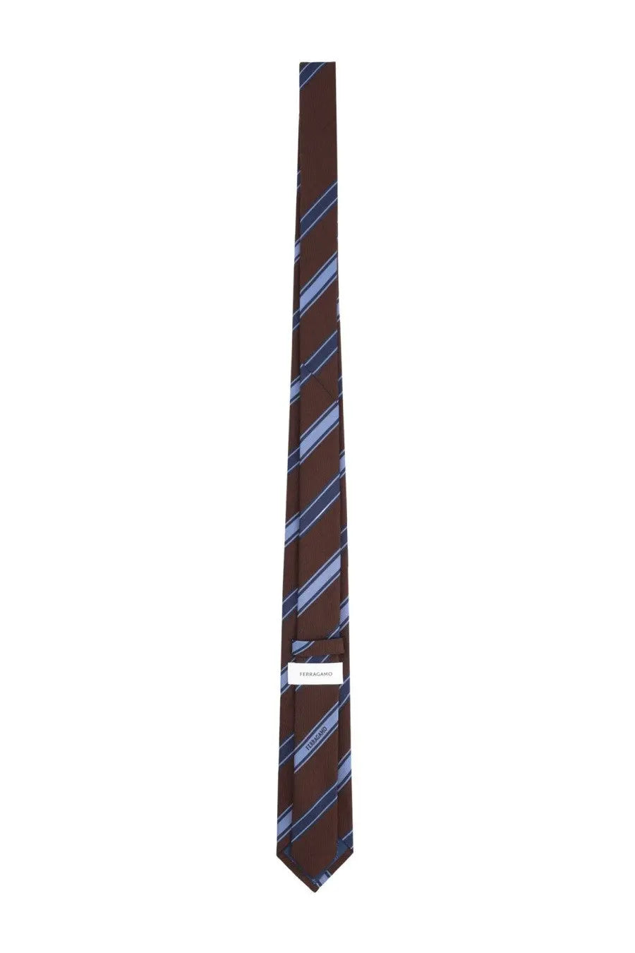 Ferragamo men’s cravatta in seta brown silk tie with blue and gray diagonal stripes and subtle woven texture
