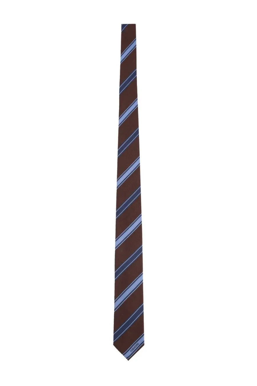 Ferragamo men’s cravatta in seta brown silk tie with navy blue and light gray diagonal stripes