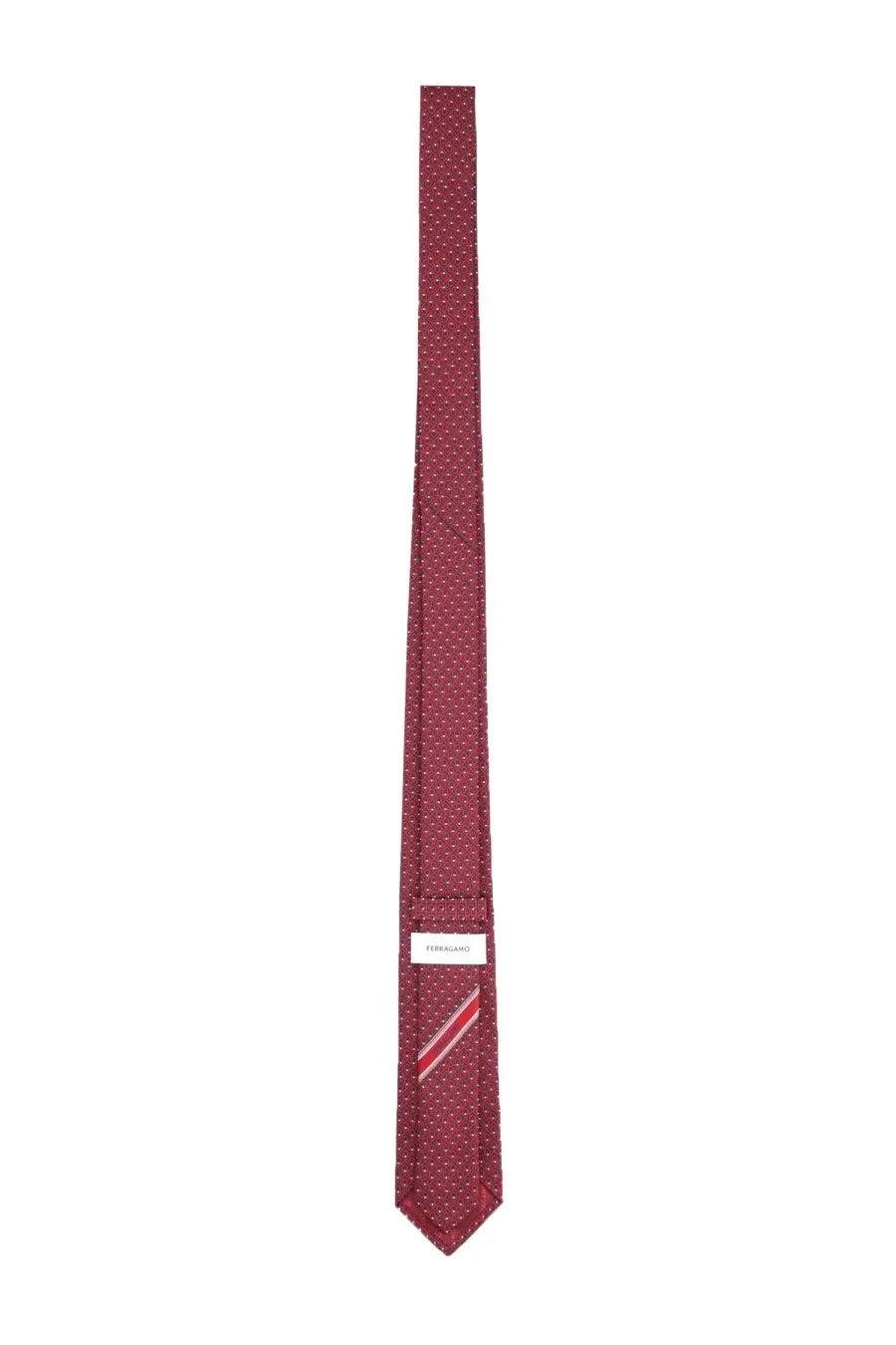 Ferragamo men’s cravatta in seta red burgundy silk tie with subtle dots and red diagonal stripe accent near the tip