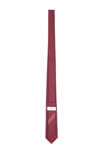 Ferragamo men’s cravatta in seta red burgundy silk tie with subtle dots and red diagonal stripe accent near the tip