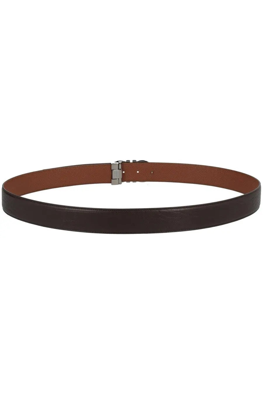Ferragamo men’s brown leather double hooks belt with silver toned buckle for formal and casual wear
