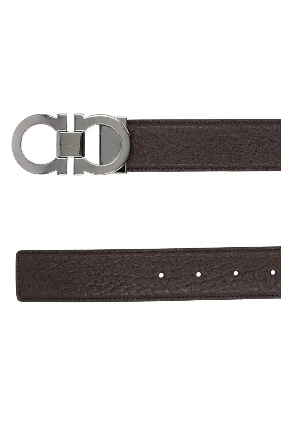 Ferragamo men’s double hooks belt in brown textured leather with a silver metal buckle and salvatore ferragamo logo