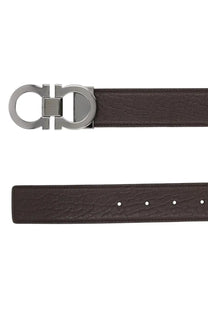 Ferragamo men’s double hooks belt in brown textured leather with a silver metal buckle and salvatore ferragamo logo