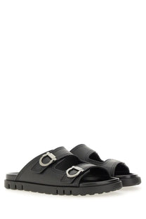 Ferragamo men’s double strap sandal black leather slides with silver d-shaped buckles and textured rubber sole