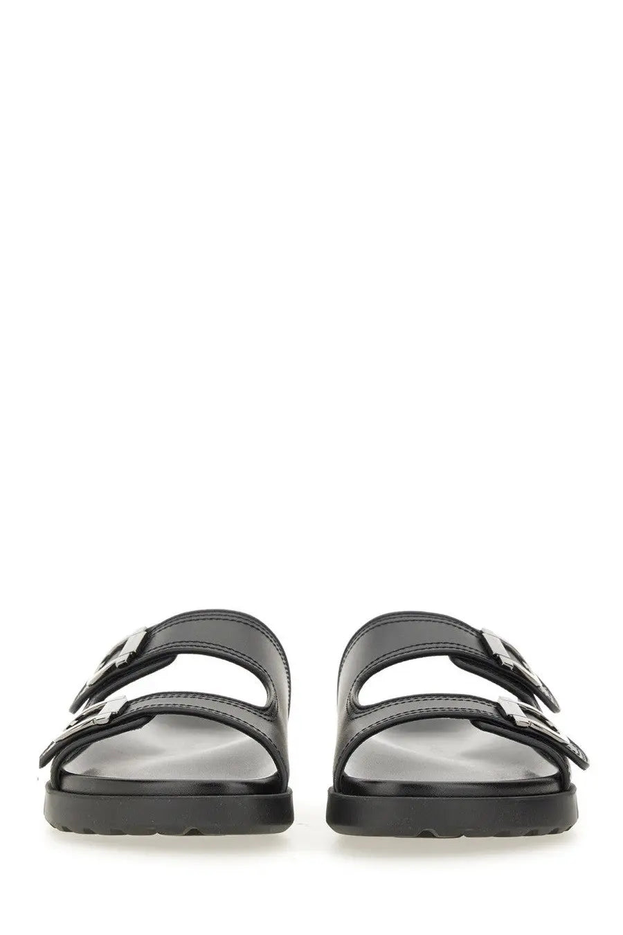 Ferragamo men’s black patent leather double strap sandals with two adjustable straps and silver buckle closures